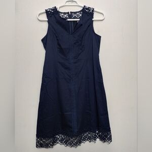 Karl Lagerfeld Navy Midi Sheath Dress Lace Trim Womens 10 Minimalist Sleeveless